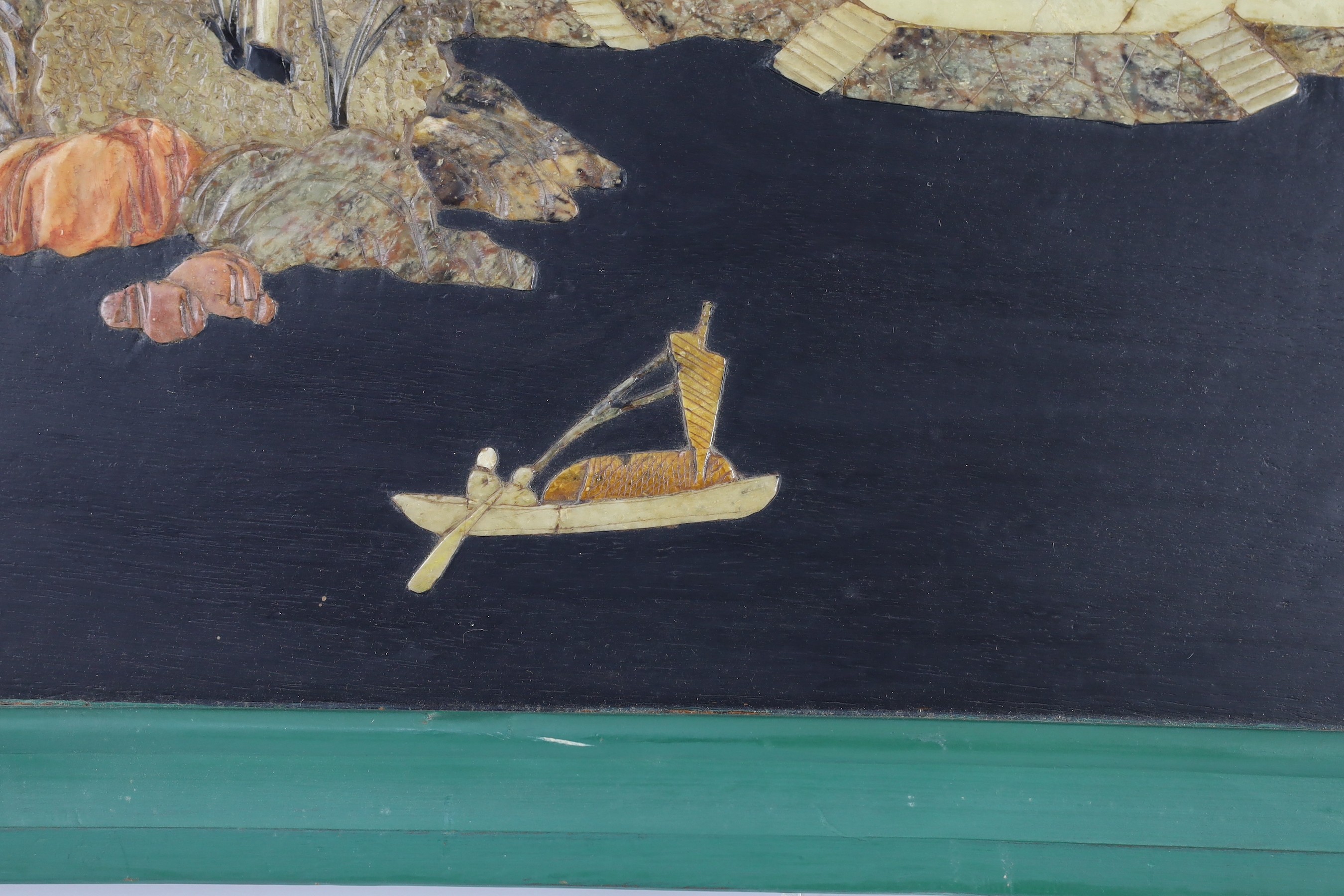 A pair of Chinese soapstone overlaid landscape panels, early 20th century, each panel including frame 33.5cm x 59cm
